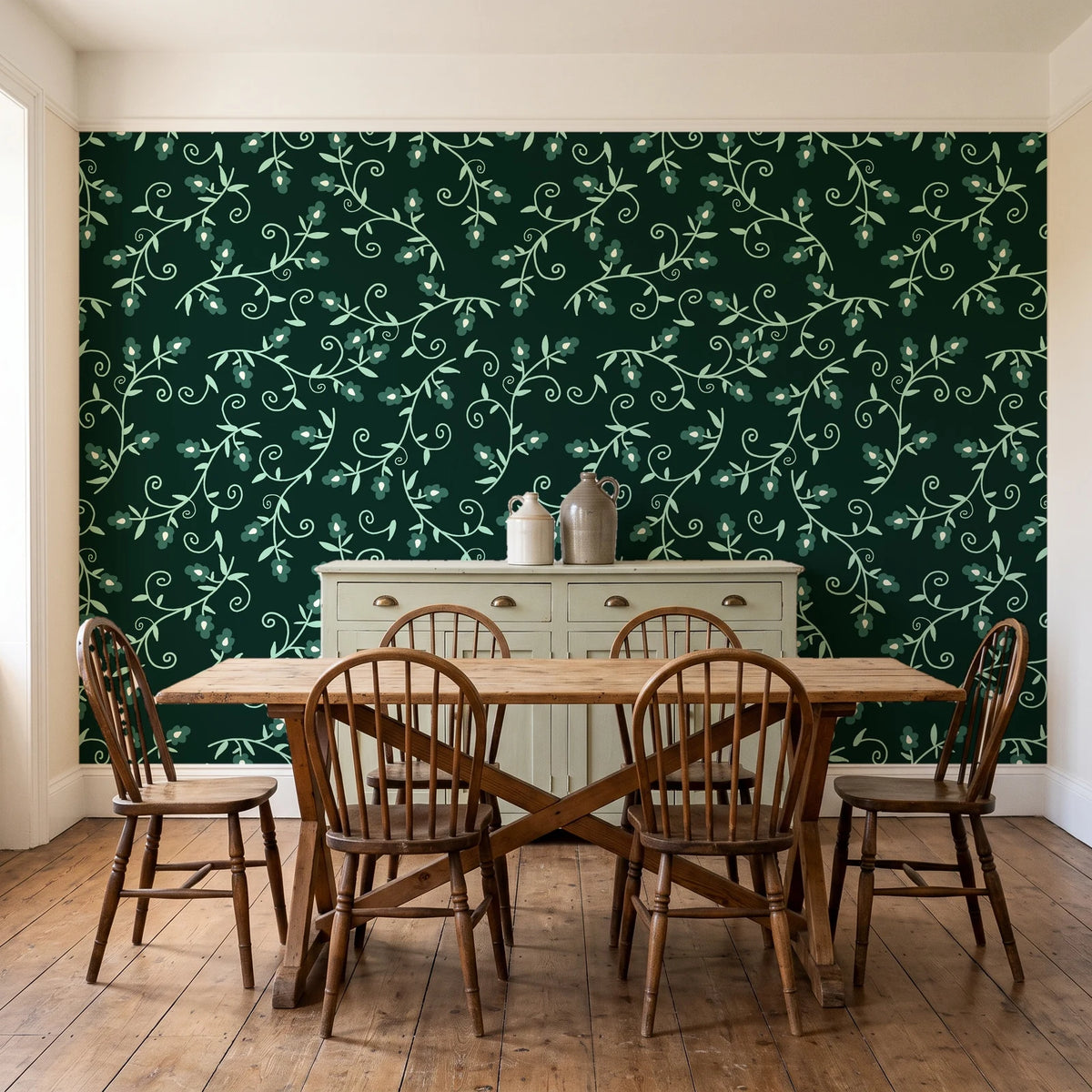 Meadow Wander Emerald floral vine wallpaper in a farmhouse dining room with a sage sideboard and rustic trestle table