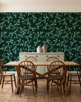 Meadow Wander Emerald floral vine wallpaper in a farmhouse dining room with a sage sideboard and rustic trestle table