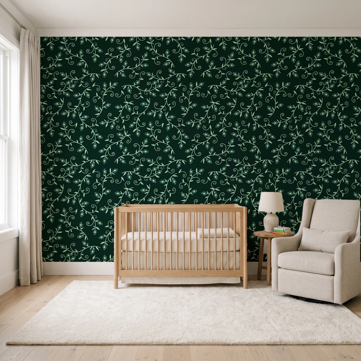 Meadow Wander Emerald floral vine wallpaper in a calm, light-filled nursery