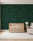 Meadow Wander Emerald floral vine wallpaper in a calm, light-filled nursery