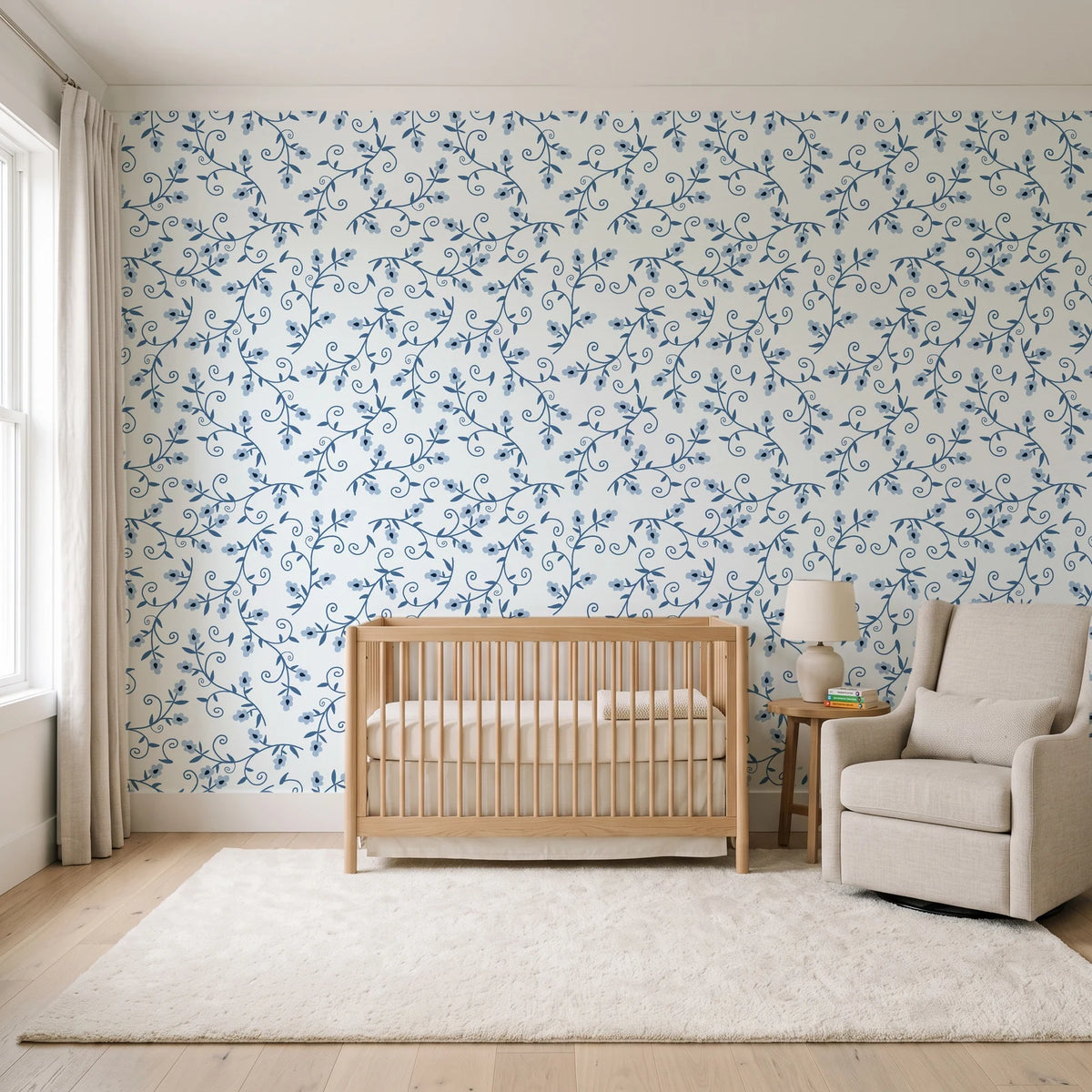 Meadow Wander Slate floral vine wallpaper in a calm, light-filled nursery