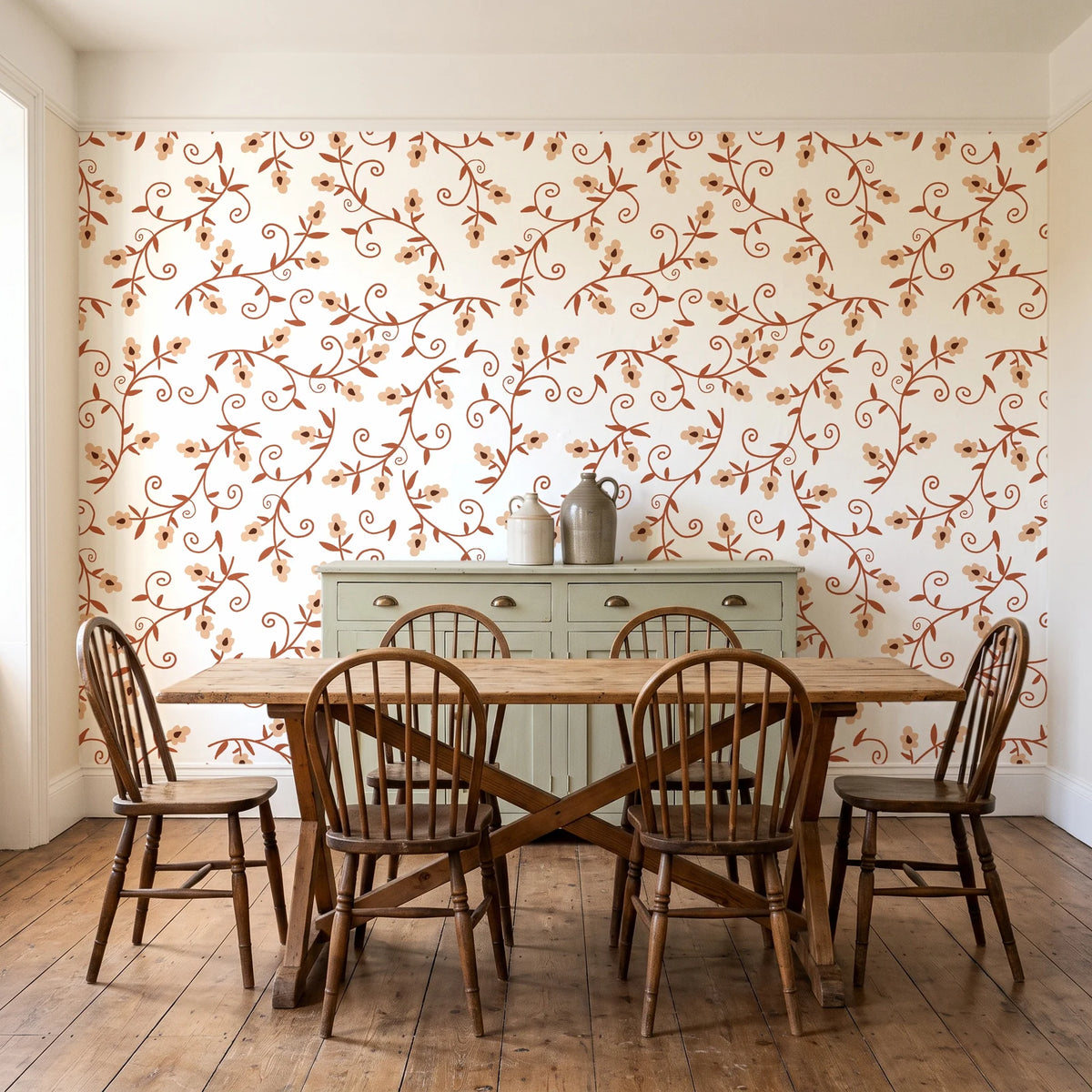 Meadow Wander Terracotta floral vine wallpaper in a farmhouse dining room with a sage sideboard and rustic trestle table