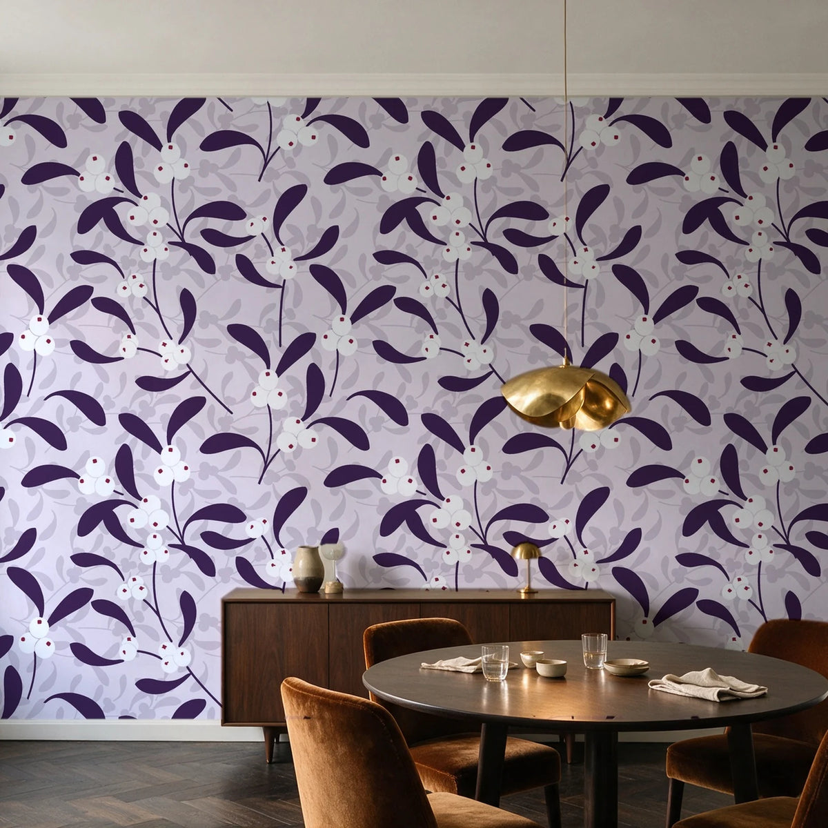 Mistletoe Trail Aubergine mistletoe wallpaper in an elegant dining room