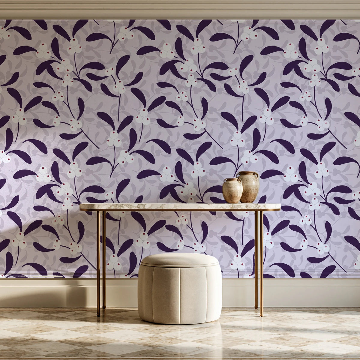 Mistletoe Trail Aubergine mistletoe wallpaper on the wall of a grand entry foyer