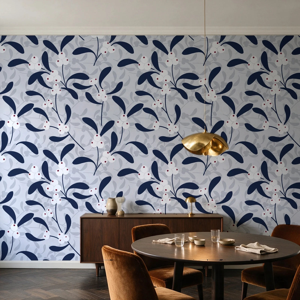 Mistletoe Trail Navy mistletoe wallpaper in an elegant dining room