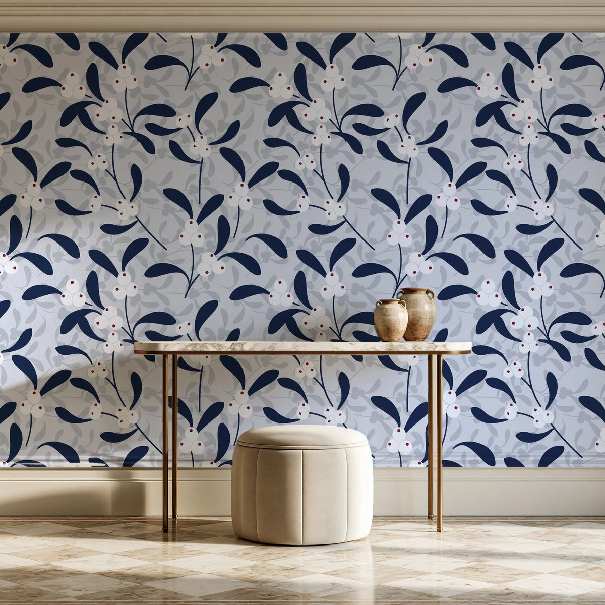 Mistletoe Trail Navy mistletoe wallpaper on the wall of a grand entry foyer
