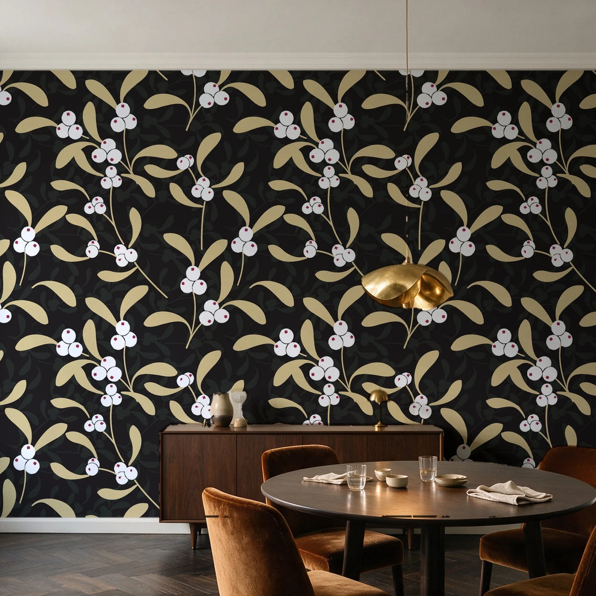 Mistletoe Trail Noir mistletoe wallpaper in an elegant dining room