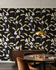 Mistletoe Trail Noir mistletoe wallpaper in an elegant dining room