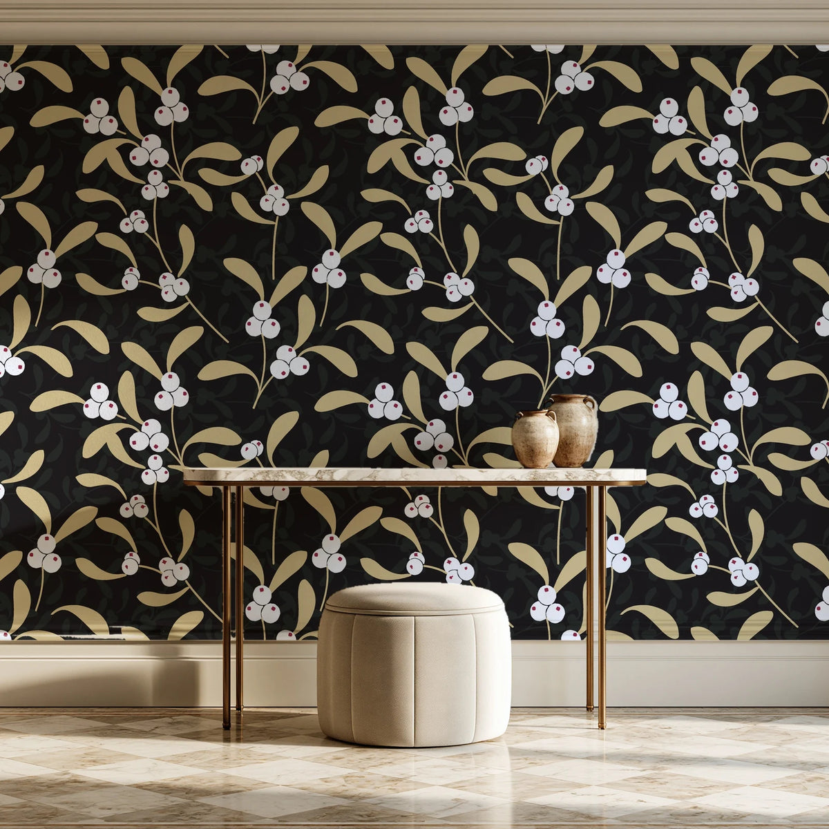 Mistletoe Trail Noir mistletoe wallpaper on the wall of a grand entry foyer