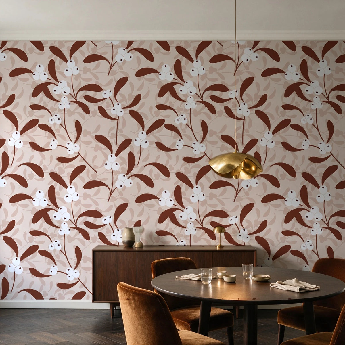 Mistletoe Trail Terracotta mistletoe wallpaper in an elegant dining room