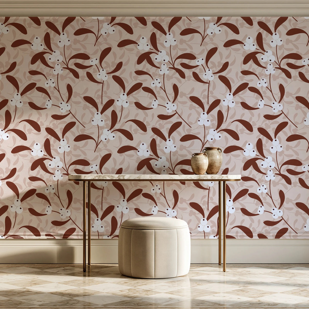 Mistletoe Trail Terracotta mistletoe wallpaper on the wall of a grand entry foyer