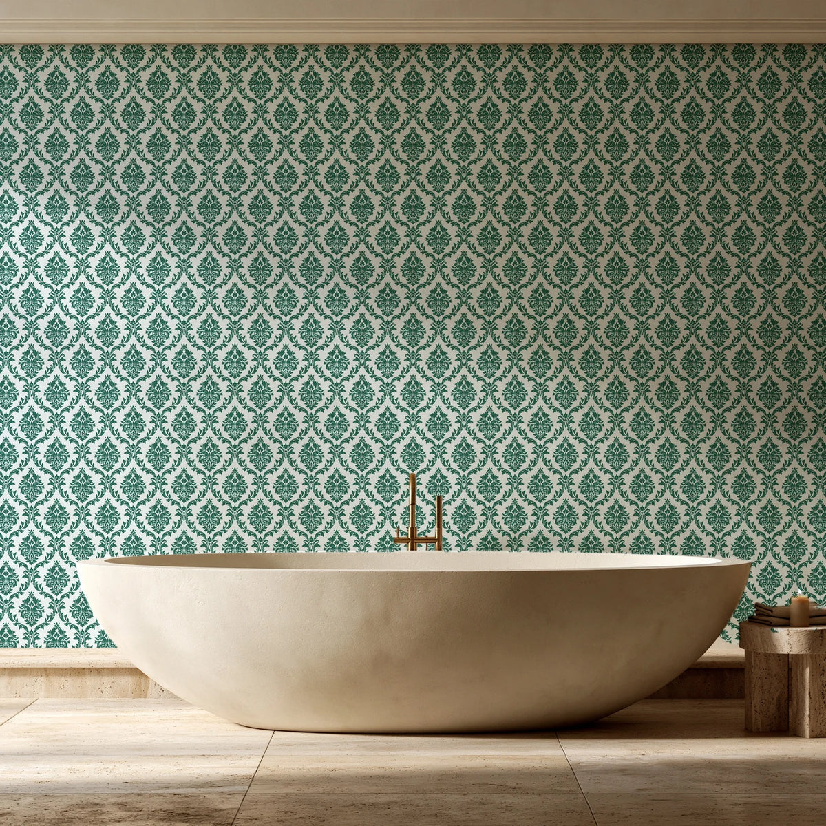 Misty Fern Romance Emerald damask wallpaper creating ambiance in a serene spa bathroom