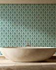 Misty Fern Romance Emerald damask wallpaper creating ambiance in a serene spa bathroom