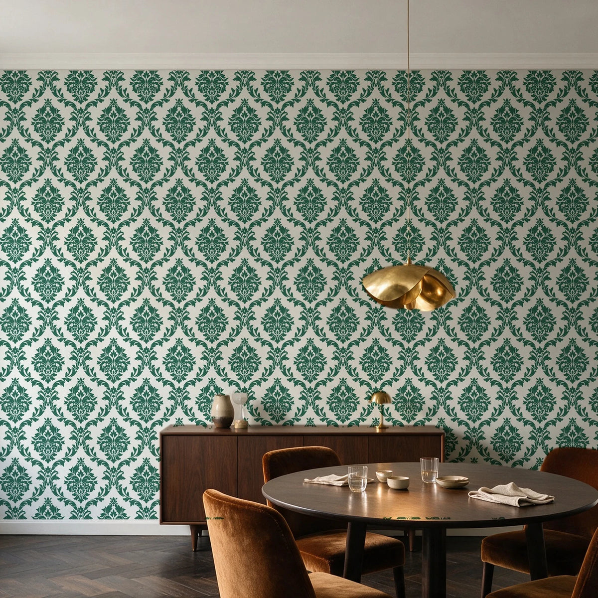 Misty Fern Romance Emerald damask wallpaper in an elegant dining room