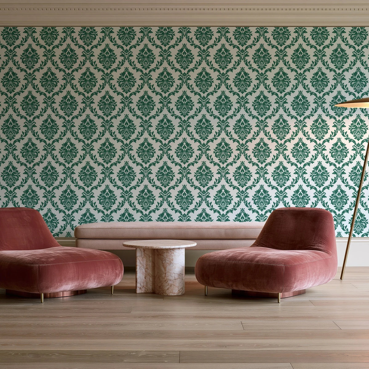 Misty Fern Romance Emerald damask wallpaper in a boutique hotel sitting area