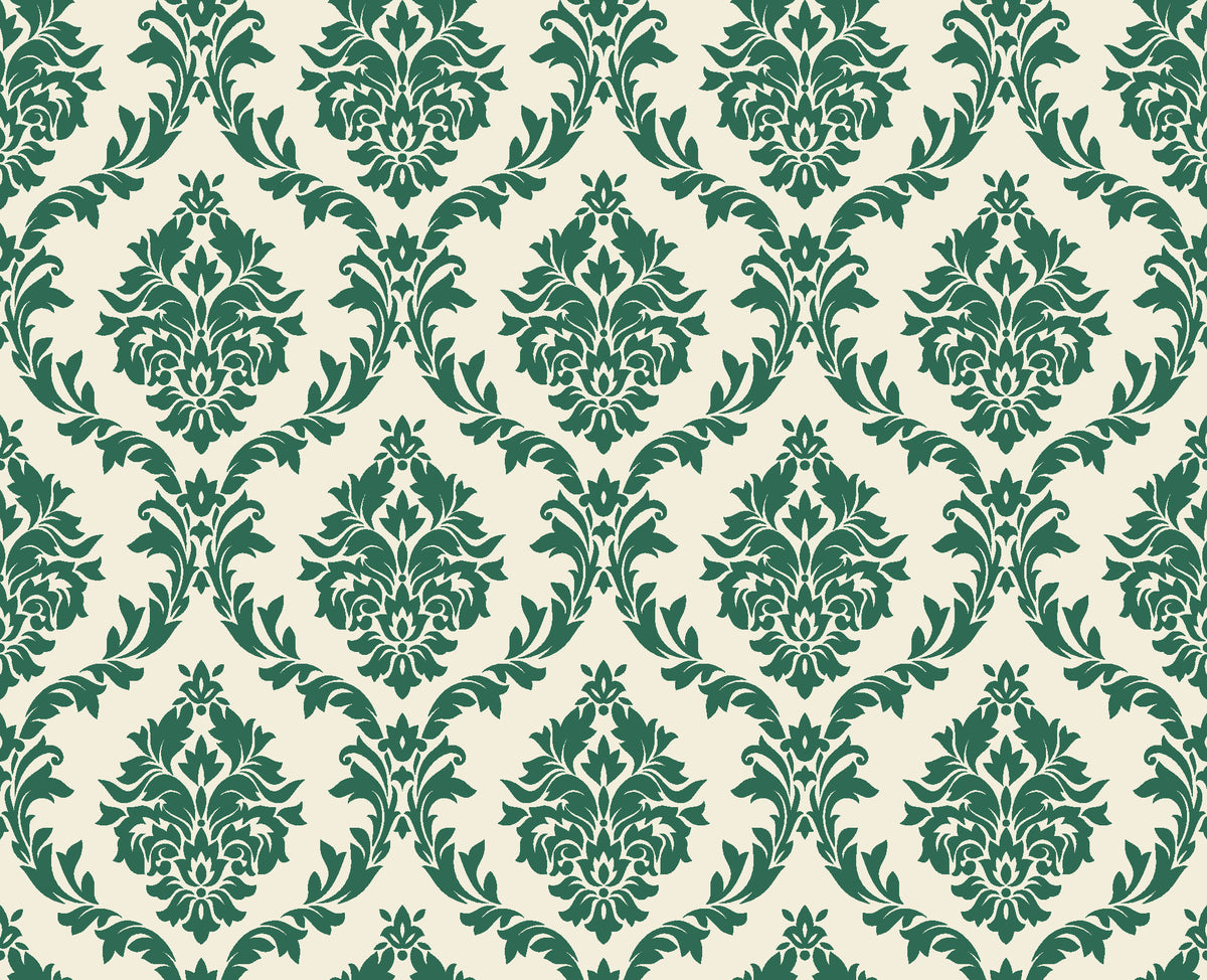 Misty Fern Romance Emerald damask wallpaper in emerald and champagne