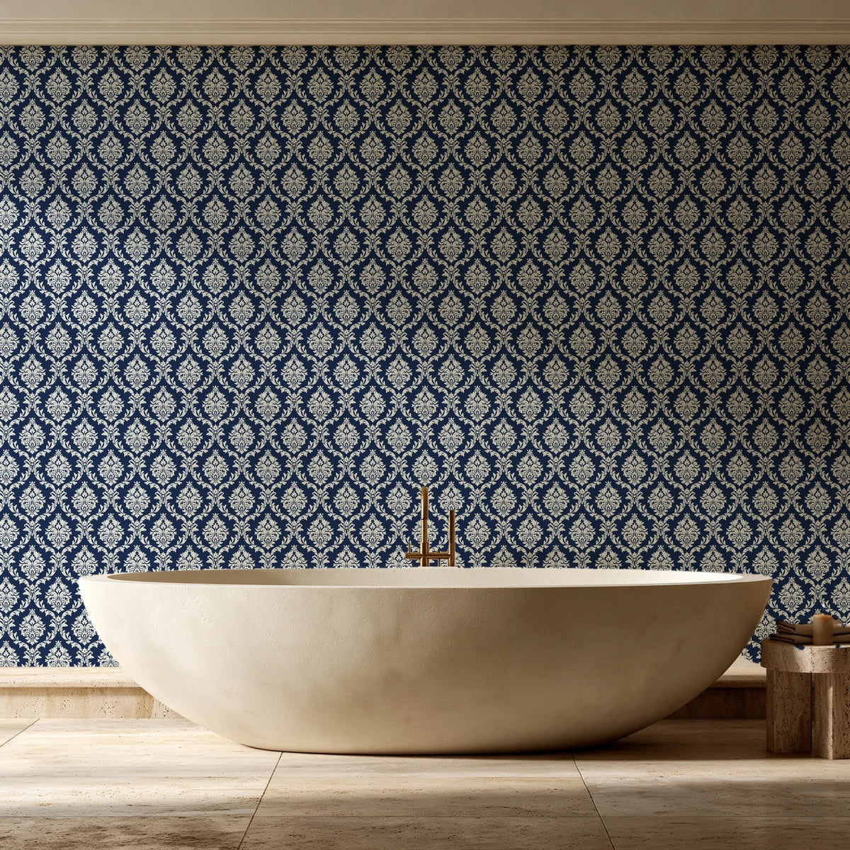 Misty Fern Romance Midnight damask wallpaper creating ambiance in a serene spa bathroom