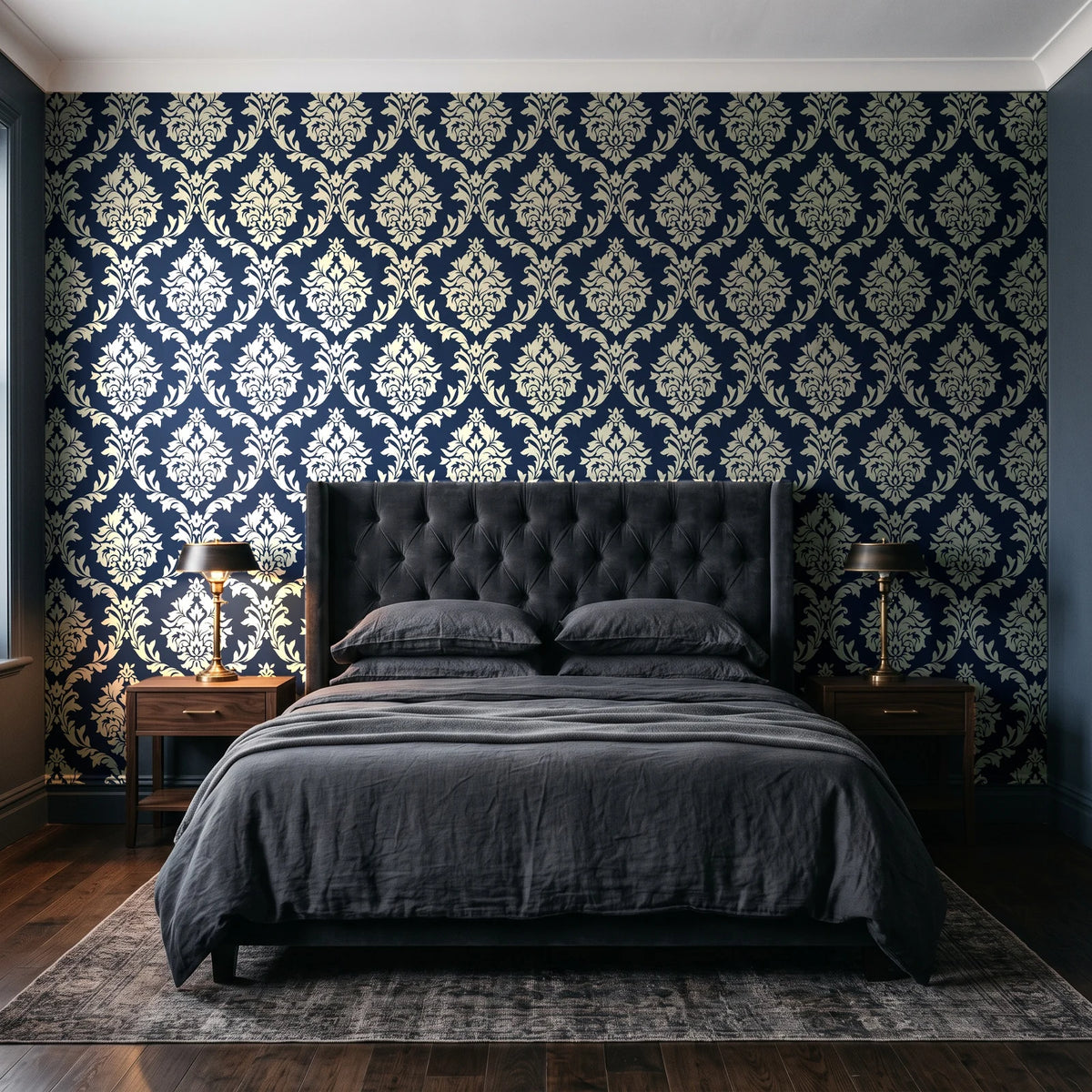 Misty Fern Romance Midnight damask wallpaper behind a tufted headboard in a dark, moody bedroom