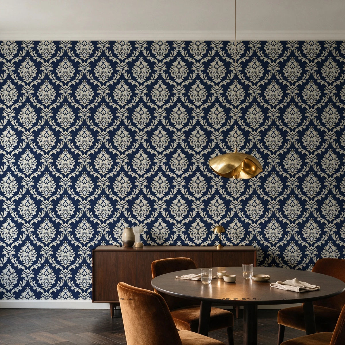 Misty Fern Romance Midnight damask wallpaper in an elegant dining room