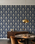 Misty Fern Romance Midnight damask wallpaper in an elegant dining room