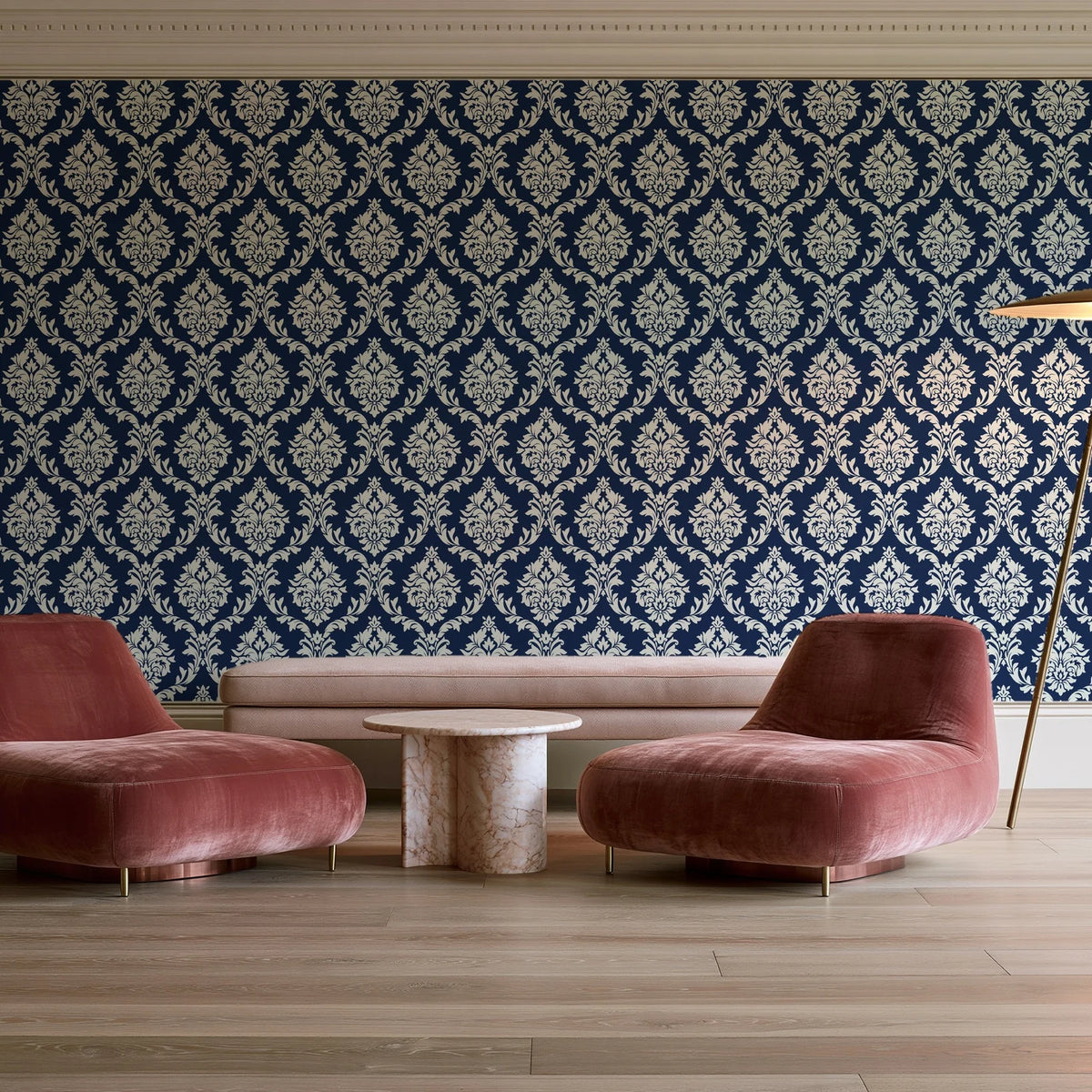 Misty Fern Romance Midnight damask wallpaper in a boutique hotel sitting area