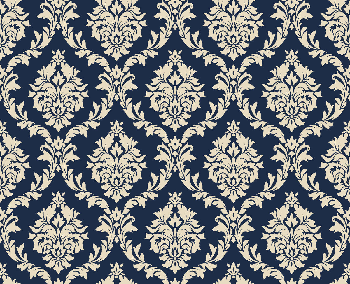 Misty Fern Romance Midnight damask wallpaper in midnight and ivory