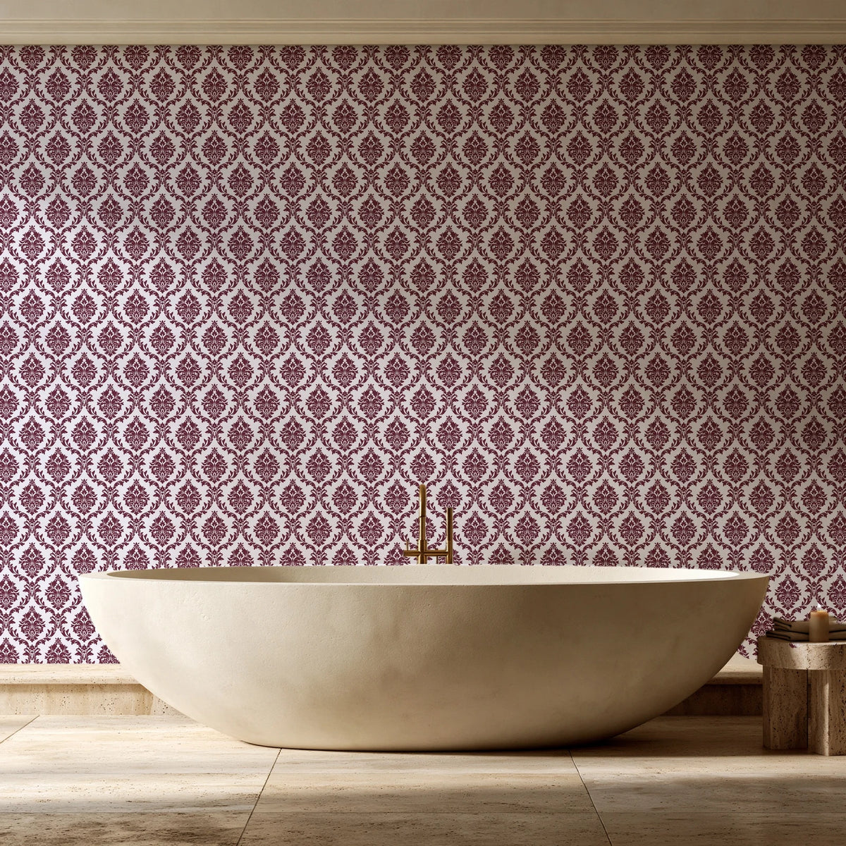 Misty Fern Romance Oxblood damask wallpaper creating ambiance in a serene spa bathroom