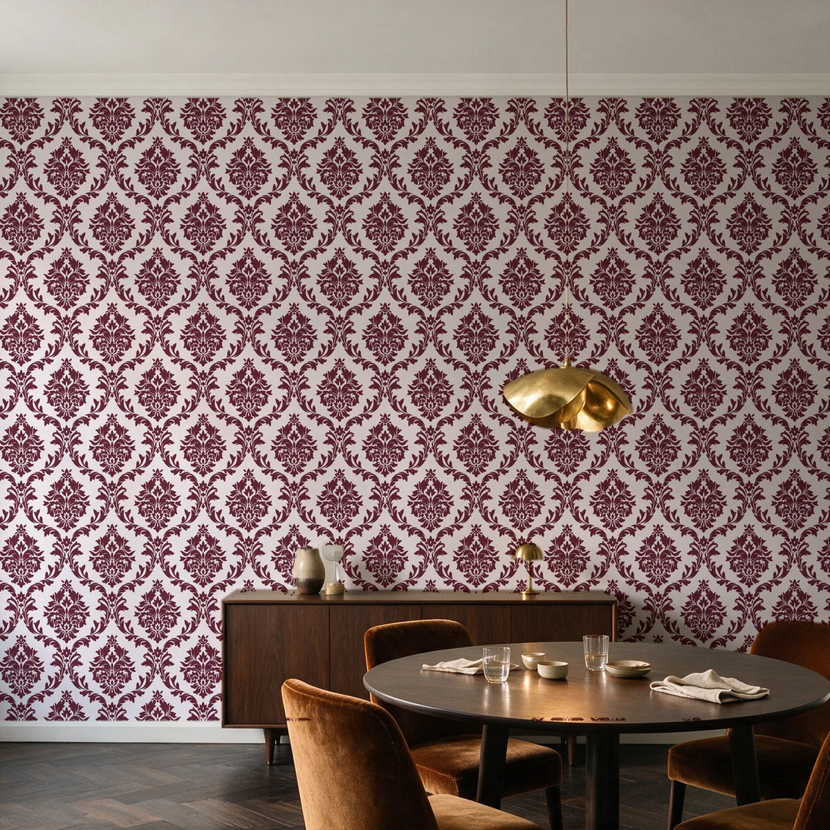 Misty Fern Romance Oxblood damask wallpaper in an elegant dining room