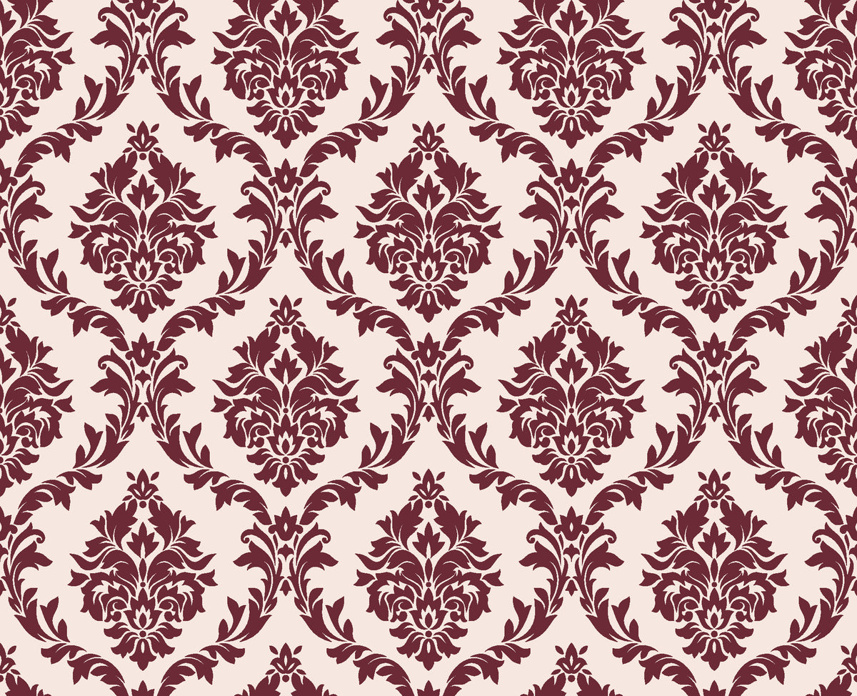 Misty Fern Romance Oxblood damask wallpaper in oxblood and blush