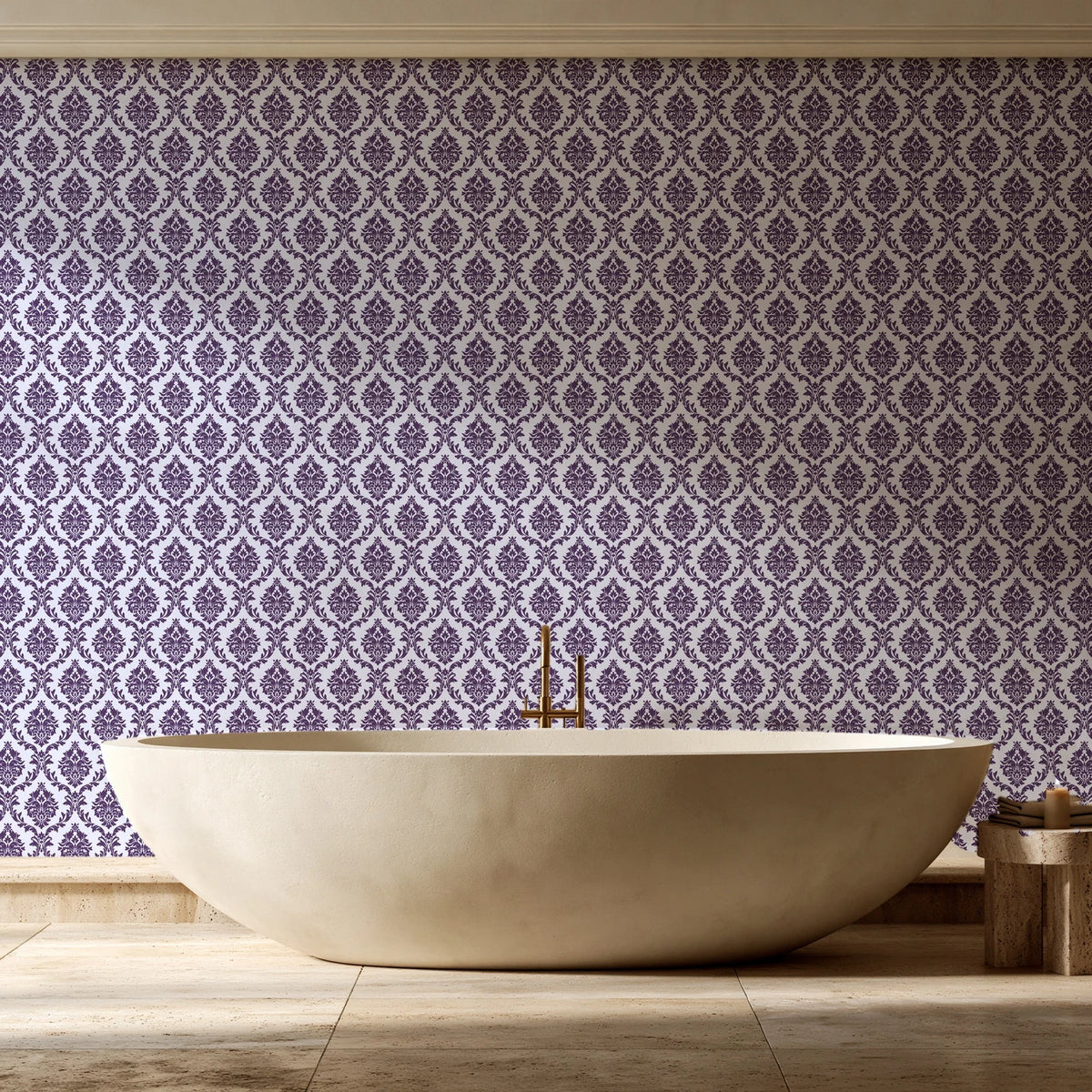 Misty Fern Romance Plum damask wallpaper creating ambiance in a serene spa bathroom