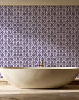 Misty Fern Romance Plum damask wallpaper creating ambiance in a serene spa bathroom