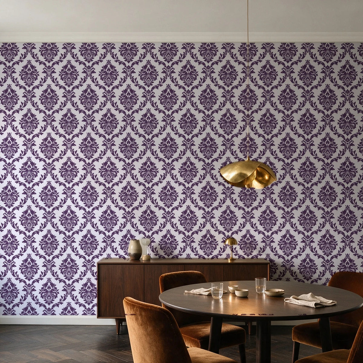 Misty Fern Romance Plum damask wallpaper in an elegant dining room