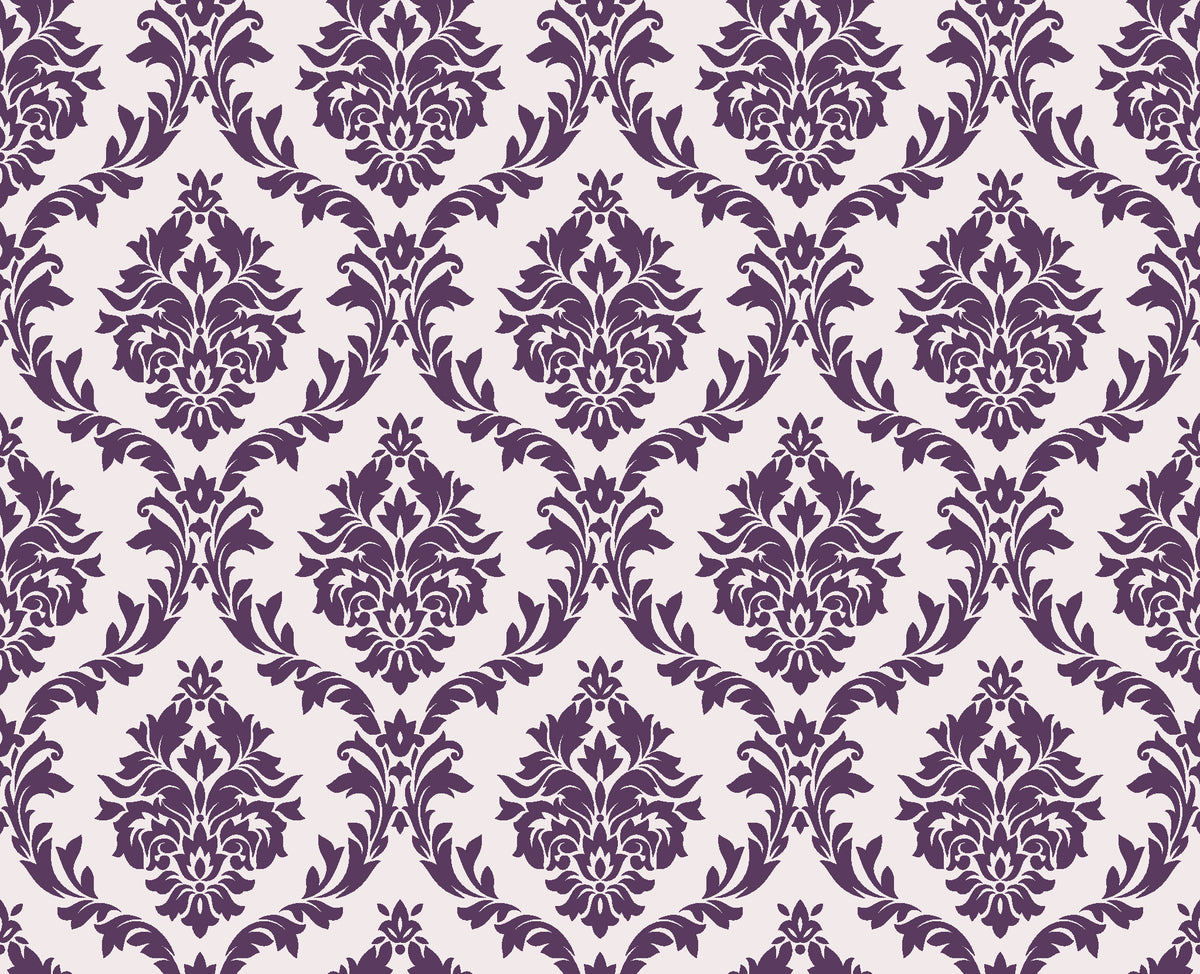 Misty Fern Romance Plum damask wallpaper in plum and pearl