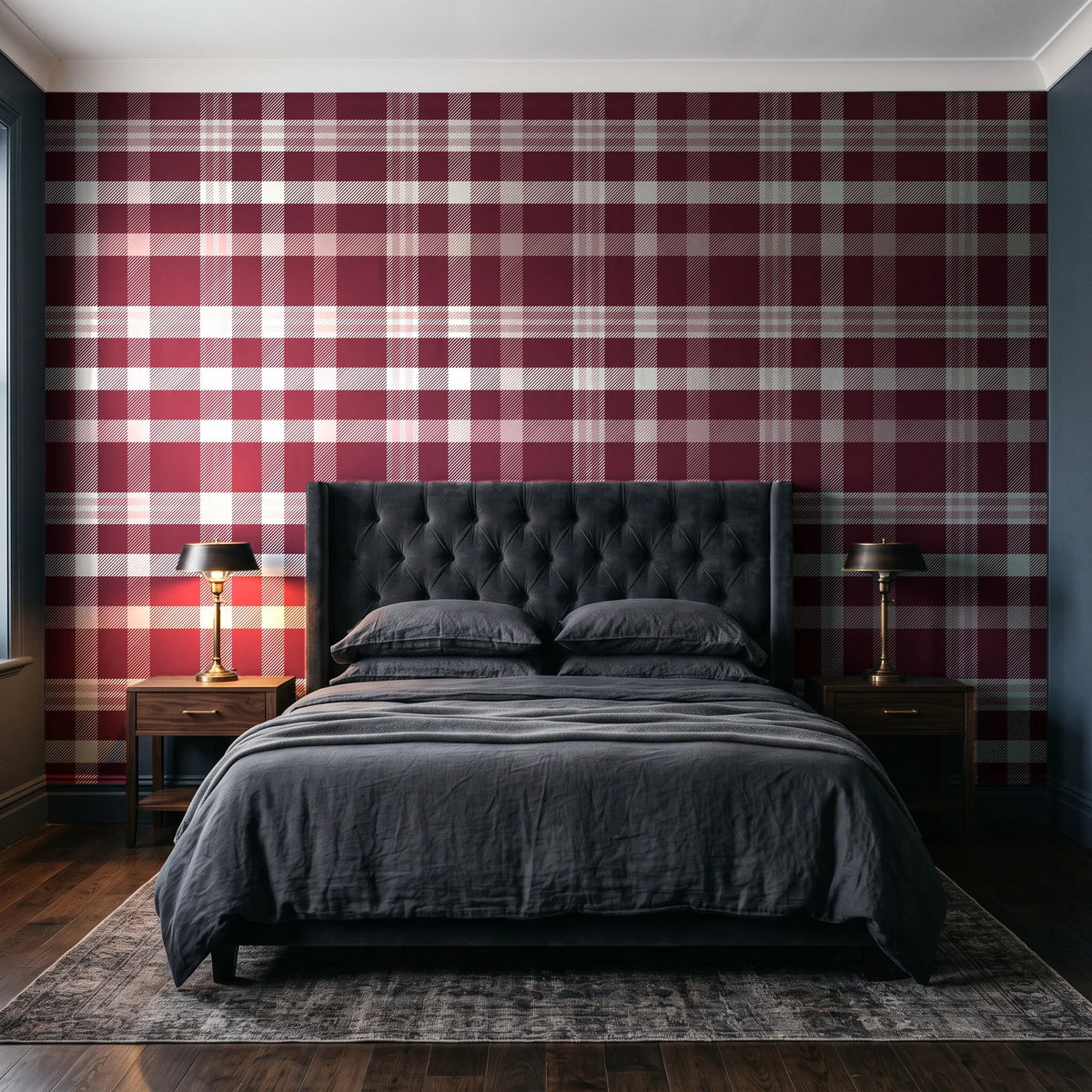 Moors & Mist Burgundy plaid wallpaper behind a tufted headboard in a dark, moody bedroom
