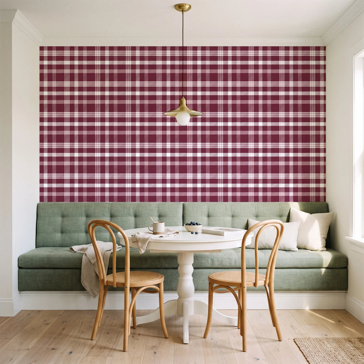 Moors & Mist Burgundy plaid wallpaper as a feature wall in a sunlit breakfast nook