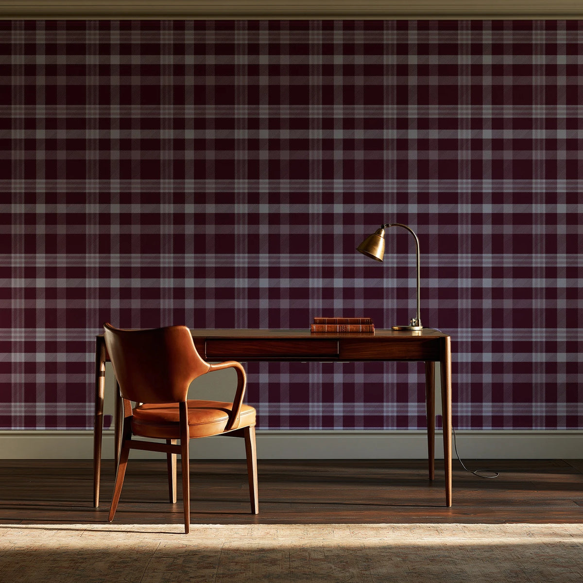 Moors & Mist Burgundy plaid wallpaper as a feature wall in a home study