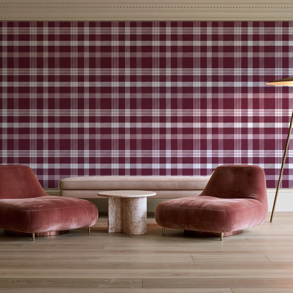 Moors & Mist Burgundy plaid wallpaper in a boutique hotel sitting area