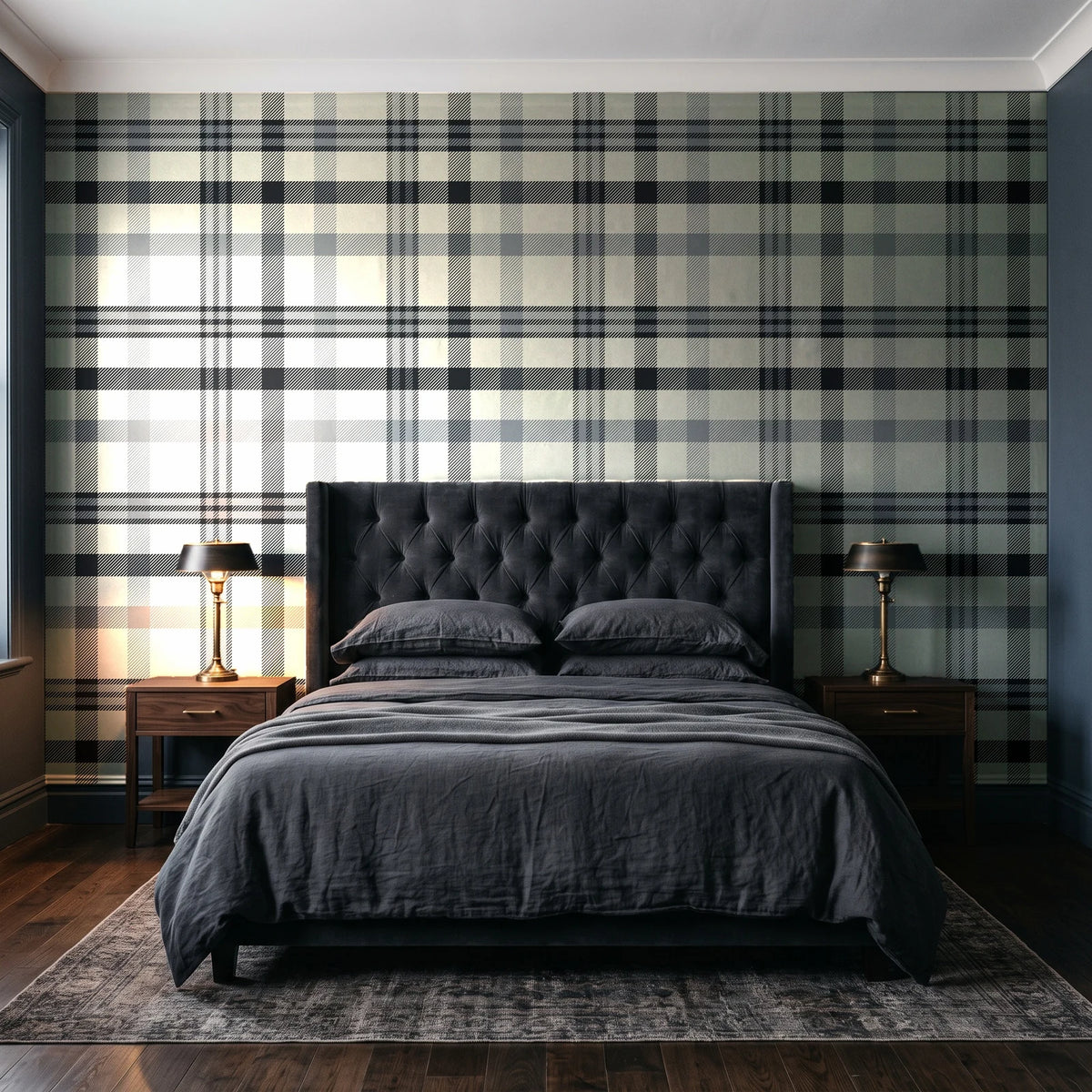 Moors & Mist Charcoal plaid wallpaper behind a tufted headboard in a dark, moody bedroom