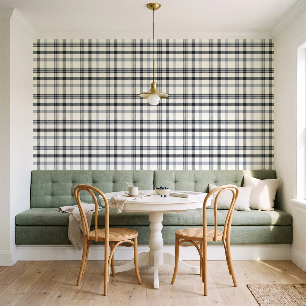 Moors & Mist Charcoal plaid wallpaper as a feature wall in a sunlit breakfast nook