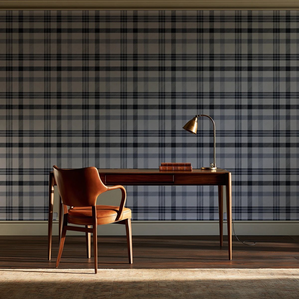 Moors & Mist Charcoal plaid wallpaper as a feature wall in a home study