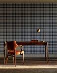 Moors & Mist Charcoal plaid wallpaper as a feature wall in a home study
