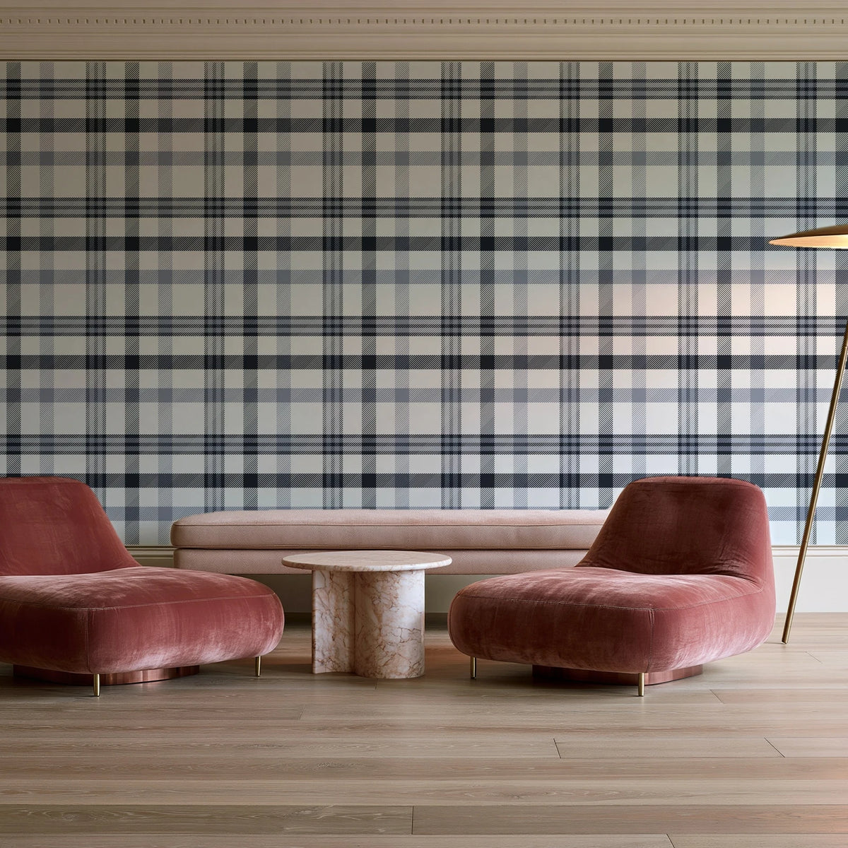 Moors & Mist Charcoal plaid wallpaper in a boutique hotel sitting area