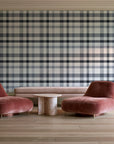 Moors & Mist Charcoal plaid wallpaper in a boutique hotel sitting area