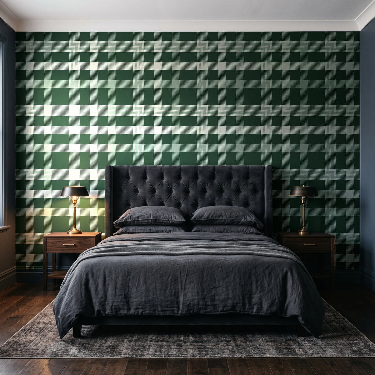 Moors & Mist Forest plaid wallpaper behind a tufted headboard in a dark, moody bedroom