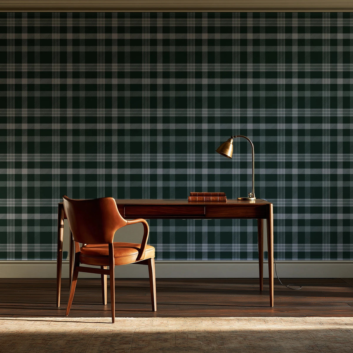 Moors & Mist Forest plaid wallpaper as a feature wall in a home study