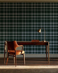 Moors & Mist Forest plaid wallpaper as a feature wall in a home study