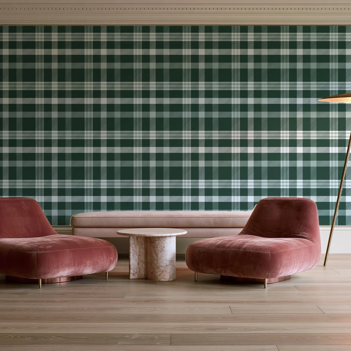 Moors & Mist Forest plaid wallpaper in a boutique hotel sitting area