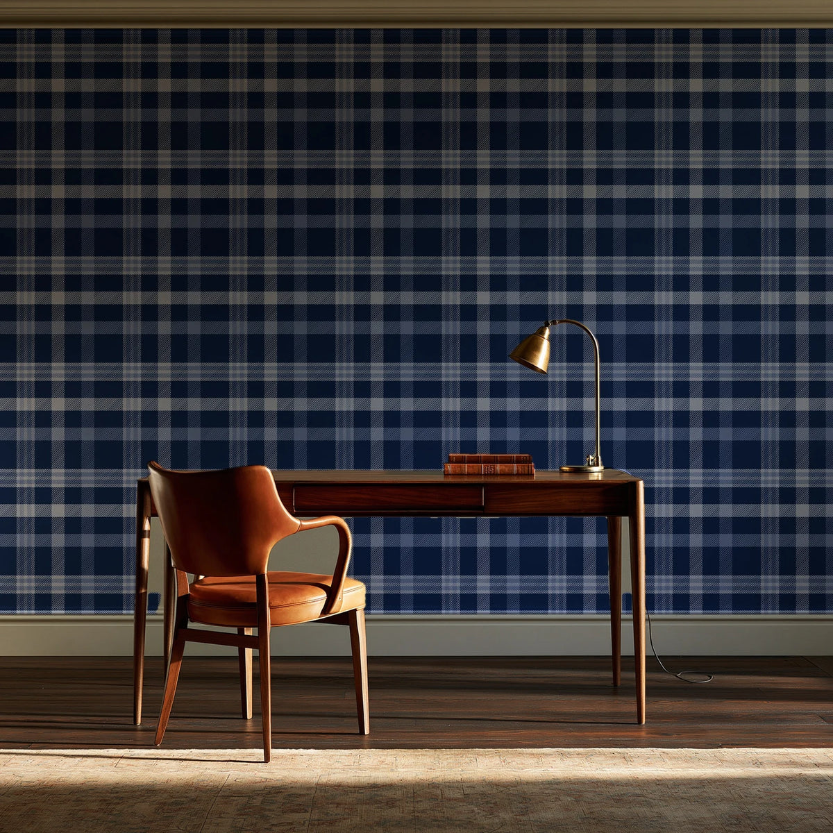 Moors & Mist Navy plaid wallpaper as a feature wall in a home study
