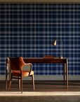 Moors & Mist Navy plaid wallpaper as a feature wall in a home study