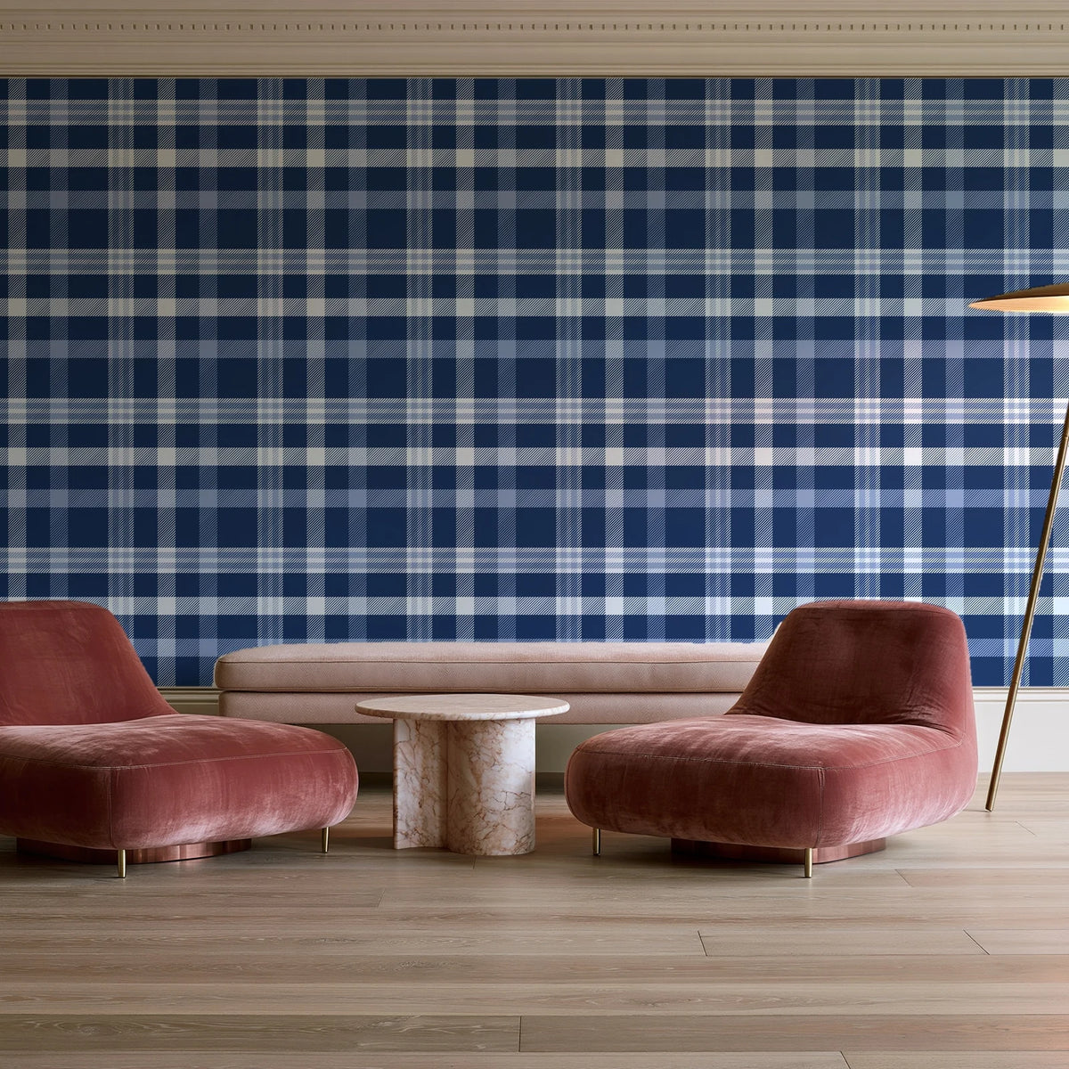 Moors & Mist Navy plaid wallpaper in a boutique hotel sitting area